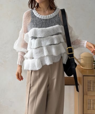 LOCUST(ローカスト) 【着映えアイテム】透かし編みフリルデザインプルオーバー