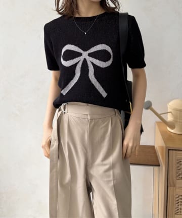 LOCUST(ローカスト) ジャガードリボン柄半袖ニットプルオーバー