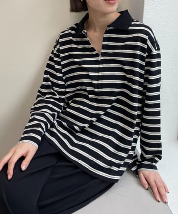 Omekashi(オメカシ) 襟付きマルチカラーボーダーロングTシャツ