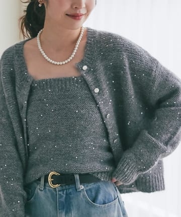 La boutique BonBon(ラブティックボンボン) 【セットアップ可・きらきら女っぽコーデに】スパンコールモヘアカーディガン