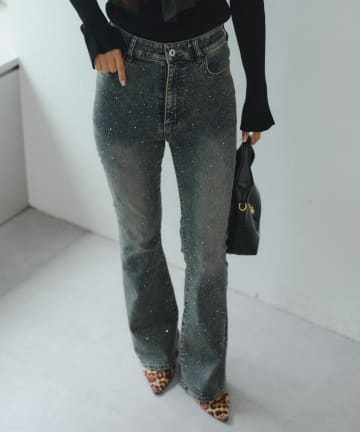 NICE CLAUP / OLIVE des OLIVE OUTLET(ナイスクラップ  / オリーブ デ オリーブ アウトレット) 伸縮性◎美シルエット【RMAF】キラキラストレッチセミフレアデニム