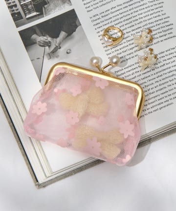 フラワーメッシュがま口ポーチ