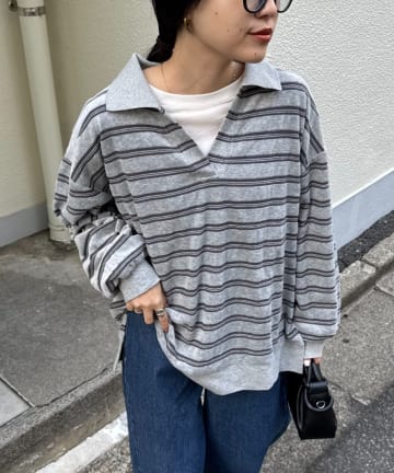 CIAOPANIC TYPY(チャオパニックティピー) 【高見え＆上品】ベロアボーダースキッパーポロトップス