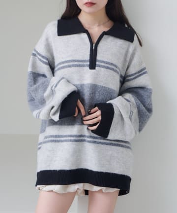 Kastane(カスタネ) 【10.25(土)12:00発売/無地&ボーダー/4色展開/WEB先行】ボーダージップニット
