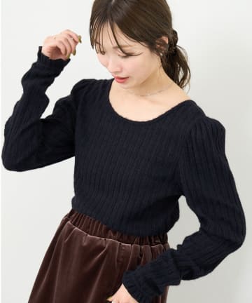 Kastane(カスタネ) 【4色展開/前後2WAY】B シャギーカットギャザースリーブトップス