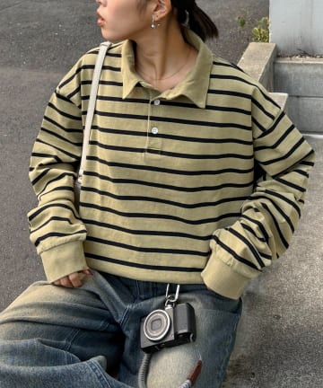 CIAOPANIC TYPY(チャオパニックティピー) ピグメント加工ボーダー襟付きトップス