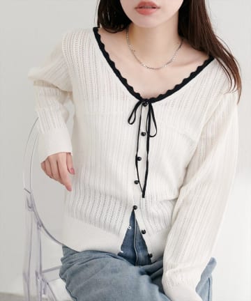 NICE CLAUP / OLIVE des OLIVE OUTLET(ナイスクラップ  / オリーブ デ オリーブ アウトレット) 【natural couture】配色リボン透かし編みカーディガン