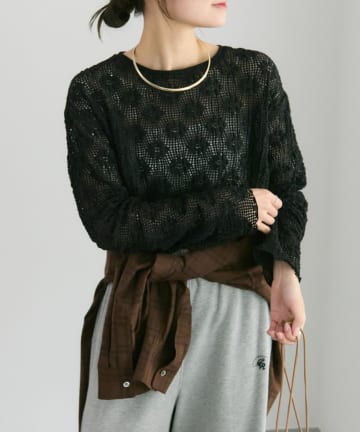 PUAL CE CIN(ピュアルセシン) フラワージャガードストレッチレースプルオーバー