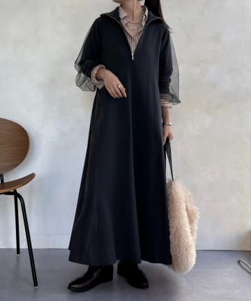 DOUDOU(ドゥドゥ) 【WEB限定】袖チュールハーフジップワンピース