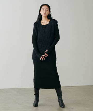 【Sサイズがついに販売！】選べるリブニットワンピース×フェザーベストSET