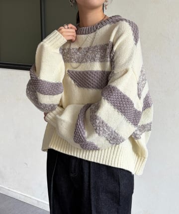 Chez toi(シェトワ) 柄見えボーダーニット