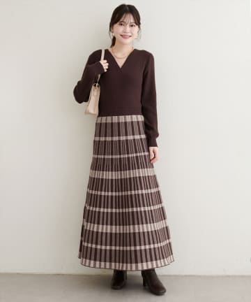 natural couture(ナチュラルクチュール) 【WEB限定】カシュクールチェックニットワンピース