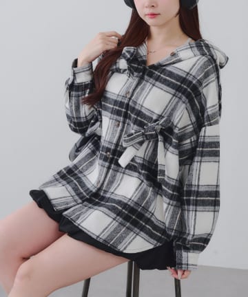 NICE CLAUP / OLIVE des OLIVE OUTLET(ナイスクラップ  / オリーブ デ オリーブ アウトレット) 【RMAF】リボン付チェックフードシャツ