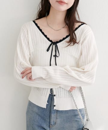 NICE CLAUP / OLIVE des OLIVE OUTLET(ナイスクラップ  / オリーブ デ オリーブ アウトレット) 【natural couture】配色リボン透かし編みカーディガン