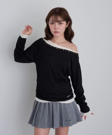 スタッズ付レイヤードロングTシャツ