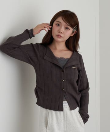 RAY CASSIN(レイカズン) レースレイヤードリブ前あきニット