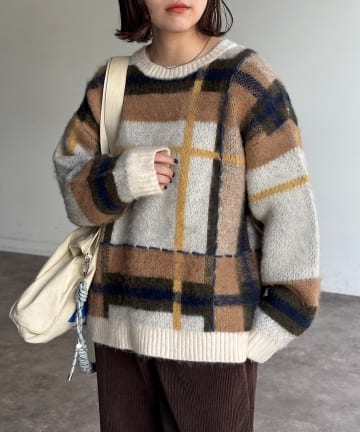 CPCM(シーピーシーエム) チェックシャギーステッチニット
