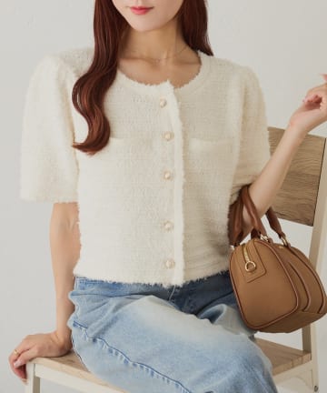 NICE CLAUP / OLIVE des OLIVE OUTLET(ナイスクラップ  / オリーブ デ オリーブ アウトレット) 【one after another】【WEB限定】ゴールドボタン半袖ツイード風カーディガン