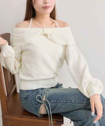 NICE CLAUP / OLIVE des OLIVE OUTLET(ナイスクラップ  / オリーブ デ オリーブ アウトレット) 【OLIVE des OLIVE】リボンオフショルニット