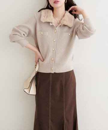 natural couture(ナチュラルクチュール) 衿ファー付き片畦ニットカーディガン