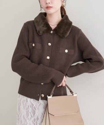 natural couture(ナチュラルクチュール) 衿ファー付き片畦ニットカーディガン