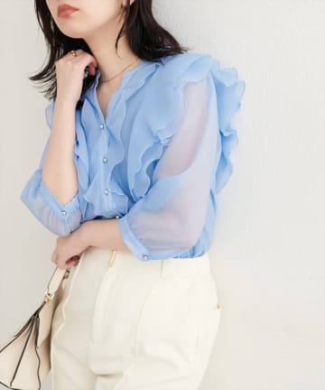 NICE CLAUP / OLIVE des OLIVE OUTLET(ナイスクラップ  / オリーブ デ オリーブ アウトレット) 【natural couture】ラッフルフリルキーネック7部袖ブラウス
