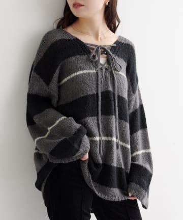 Kastane(カスタネ) 【WEB先行/無地&ボーダー/前後2WAY】編み上げルーズニット