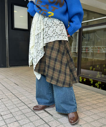 CIAOPANIC(チャオパニック) レース×チェックイレヘムミドルスカート