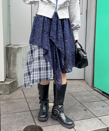 CIAOPANIC(チャオパニック) レース×チェックイレヘムミドルスカート