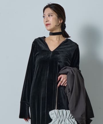 -goocy-(グーシー) 【オケージョン】ボウタイ付きＶネックベロアワンピース