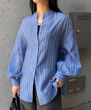 COLONY 2139(コロニー トゥーワンスリーナイン) ストライプシアーバンドカラー長袖シャツ