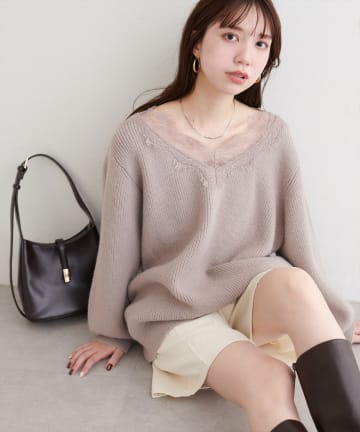 natural couture(ナチュラルクチュール) 【WEB限定】レースVネックニット