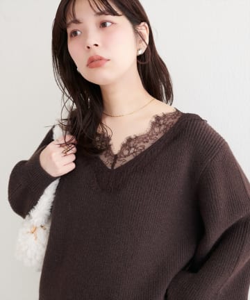 natural couture(ナチュラルクチュール) 【WEB限定】レースVネックニット