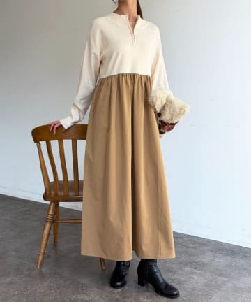 Chez toi(シェトワ) 異素材ドッキングハーフジップワンピース