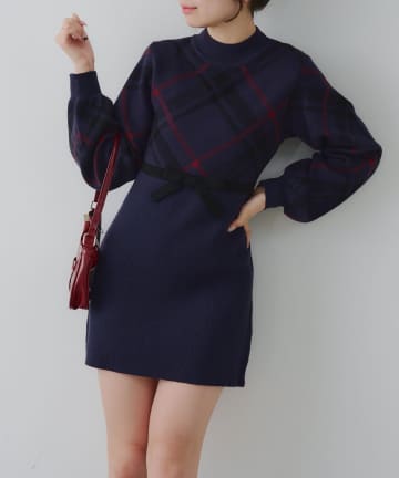 NICE CLAUP / OLIVE des OLIVE OUTLET(ナイスクラップ  / オリーブ デ オリーブ アウトレット) 【RMAF】チェック切替ニットミニワンピ