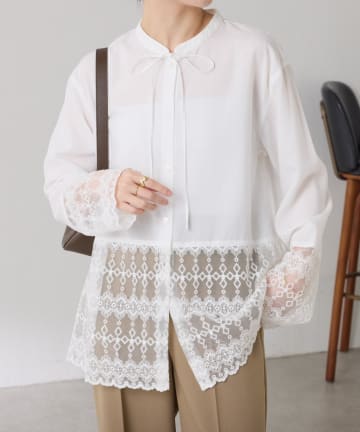 COLLAGE GALLARDAGALANTE(コラージュ ガリャルダガランテ) 【レイヤードにもおすすめ】ボウタイ裾レース切替シャツ