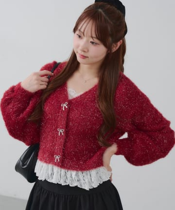 Remind me and forever(リマインドミーアンドフォーエバー) ラメフェザーヤーン裾レース付カーディガン