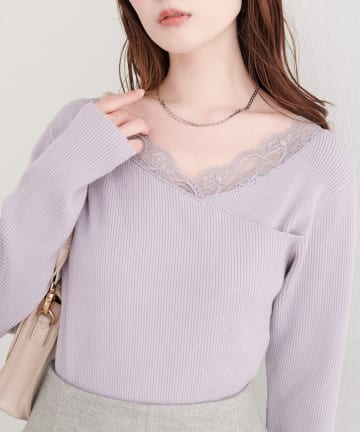 natural couture(ナチュラルクチュール) アシメレースネックリブニットプルオーバー