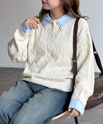 CPCM(シーピーシーエム) フェイクレイヤードケーブルニットポロ