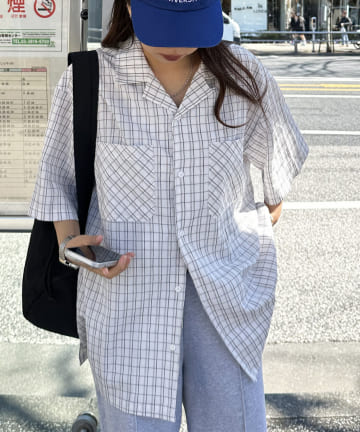 OUTLET(アウトレット) 【Discoat】シアーサッカーチェックオープンカラーシャツ