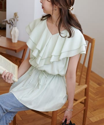 OUTLET(アウトレット) 【Discoat】フリルウエストギャザーチュニックブラウス
