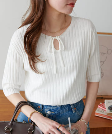 OUTLET(アウトレット) 【Discoat】ワイドリブ前リボン5分袖