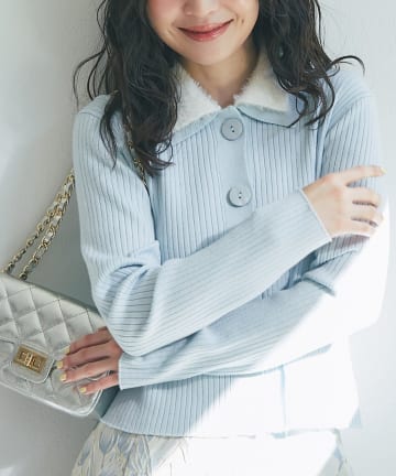 La boutique BonBon(ラブティックボンボン) 【程よいふわふわ】シャギー衿リブニットカーディガン