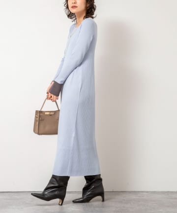 NOLLEY'S(ノーリーズ) 《手洗い可能》ウール混ワイドリブ袖口配色ロングワンピース