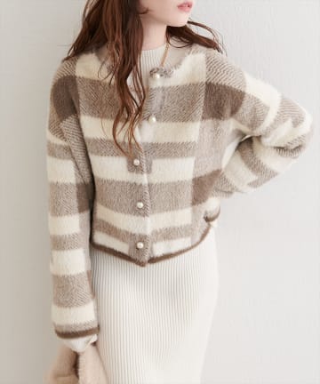 natural couture(ナチュラルクチュール) チェック柄シャギーニットカーデ