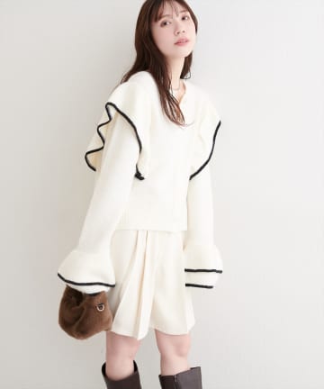 natural couture(ナチュラルクチュール) 配色フリルニットカーディガン