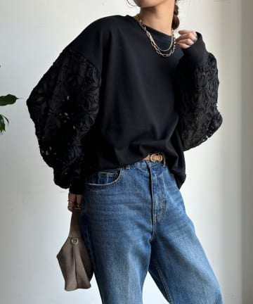 DOUDOU(ドゥドゥ) 【WEB限定】フラワーチュール切替裏毛プルオーバー