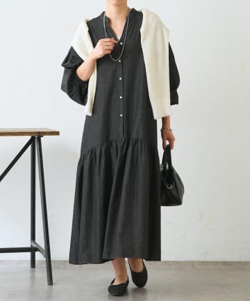 Jena　espace merveilleux(ジェナ　エスパスメルヴェイユ) 【体系カバー◎/デニム風】コットンリネンカーブワンピース