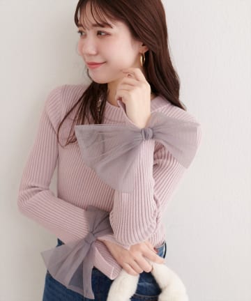 natural couture(ナチュラルクチュール) 袖口チュールリボンニット