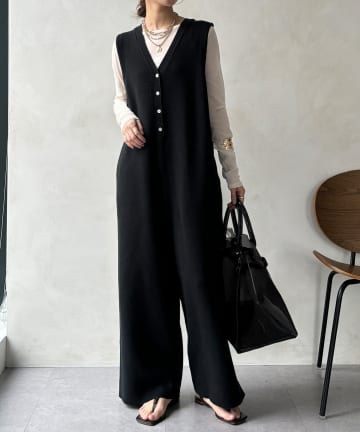 DOUDOU(ドゥドゥ) 【WEB限定】フロントボタンニットオールインワン